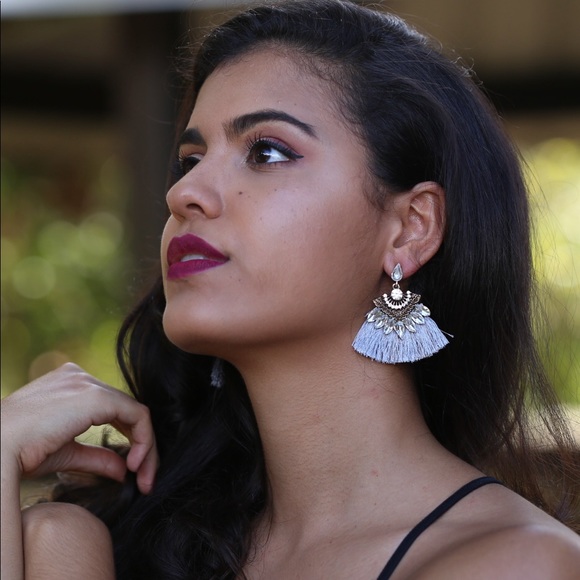 Gray Studded Tassel Earrings with Crystals - Picture 6 of 7